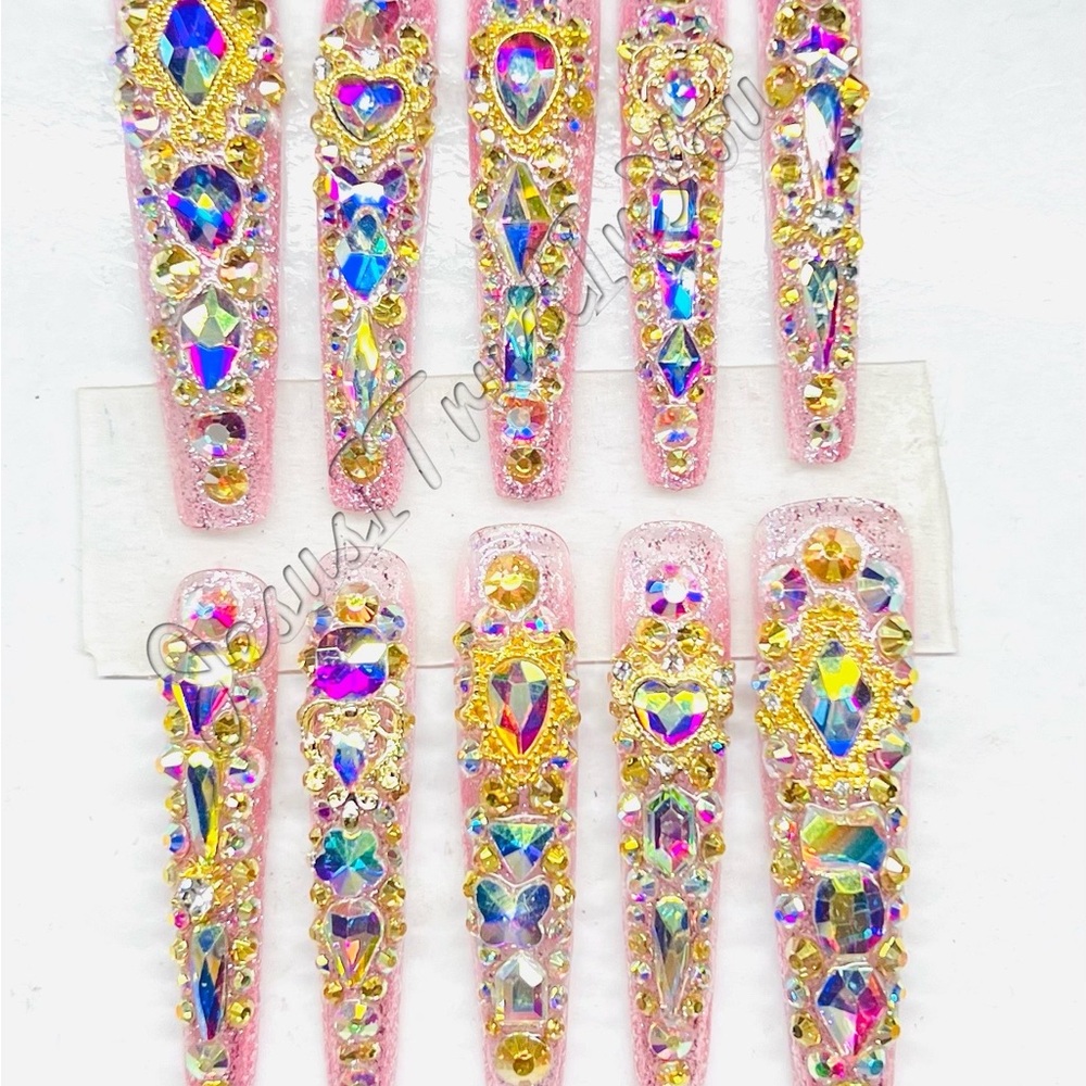 Pink and Gold Rhinestone Nail Set 3X Ballerina